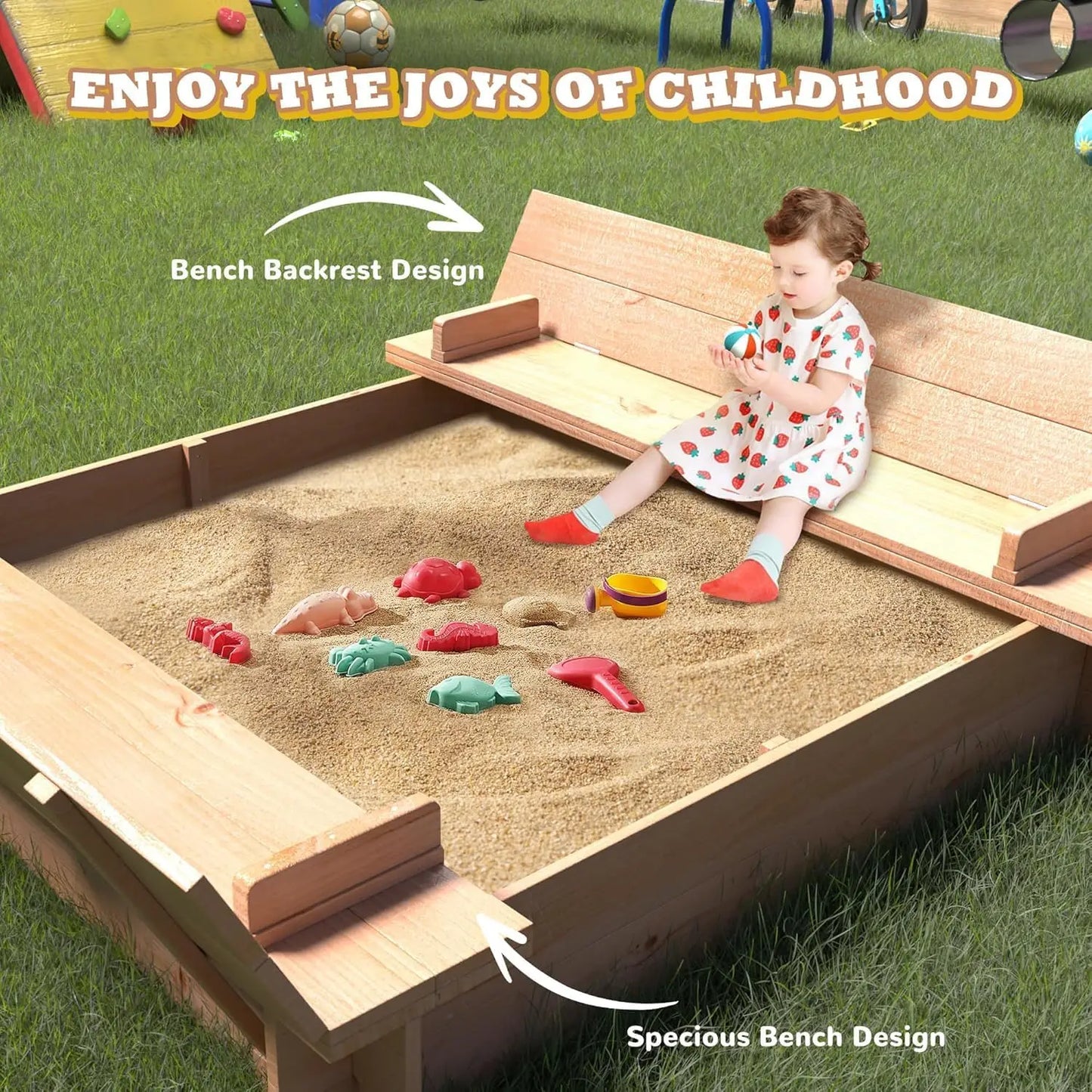 Wood Sandbox with Lid, Spacious Outdoor Play Area with Foldable Bench Seats with Cover Bottom Liner for Backyard