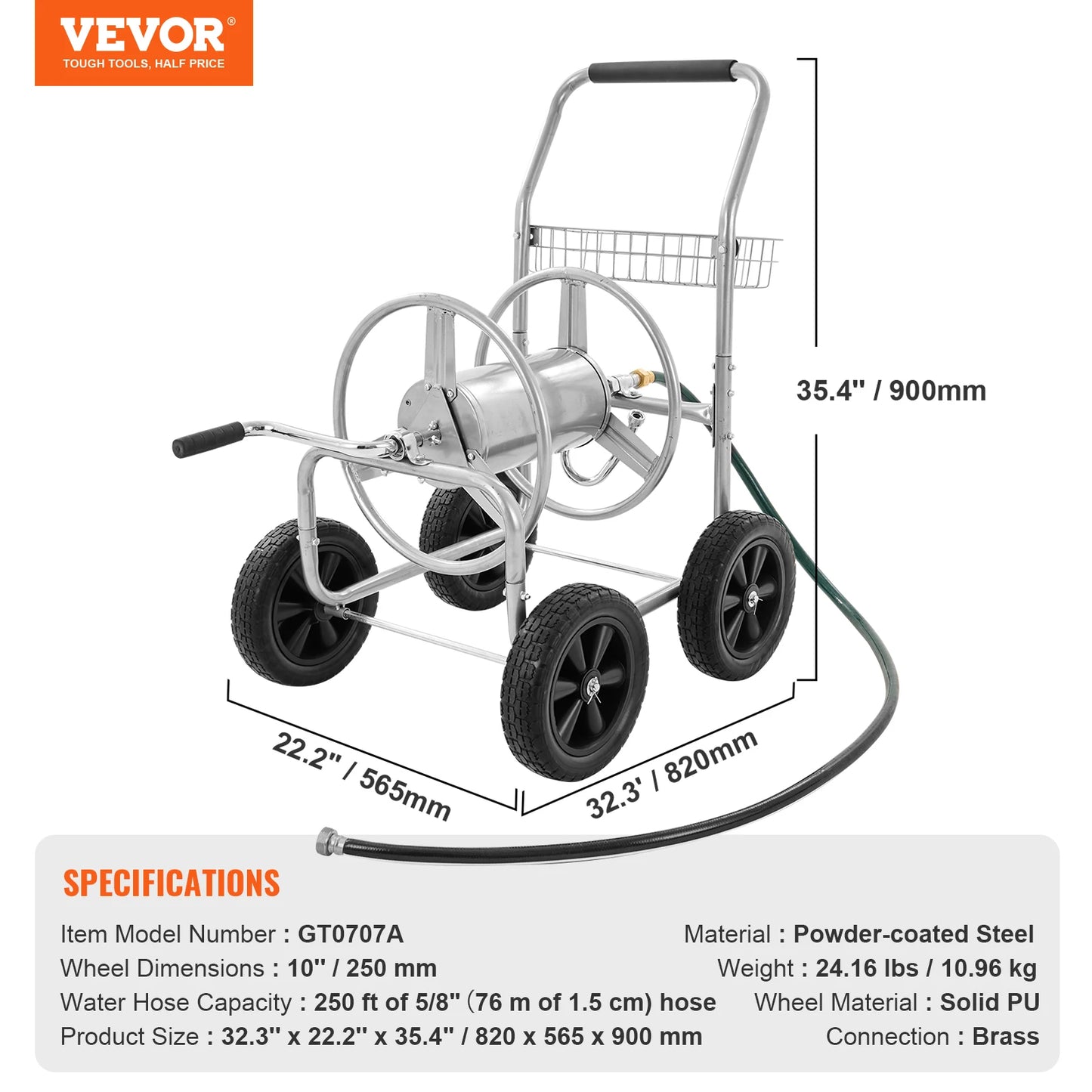 Hose Reel Cart 250ft Heavy Duty Garden, Yard Planting, W/ Basket. Effortless Roll-up