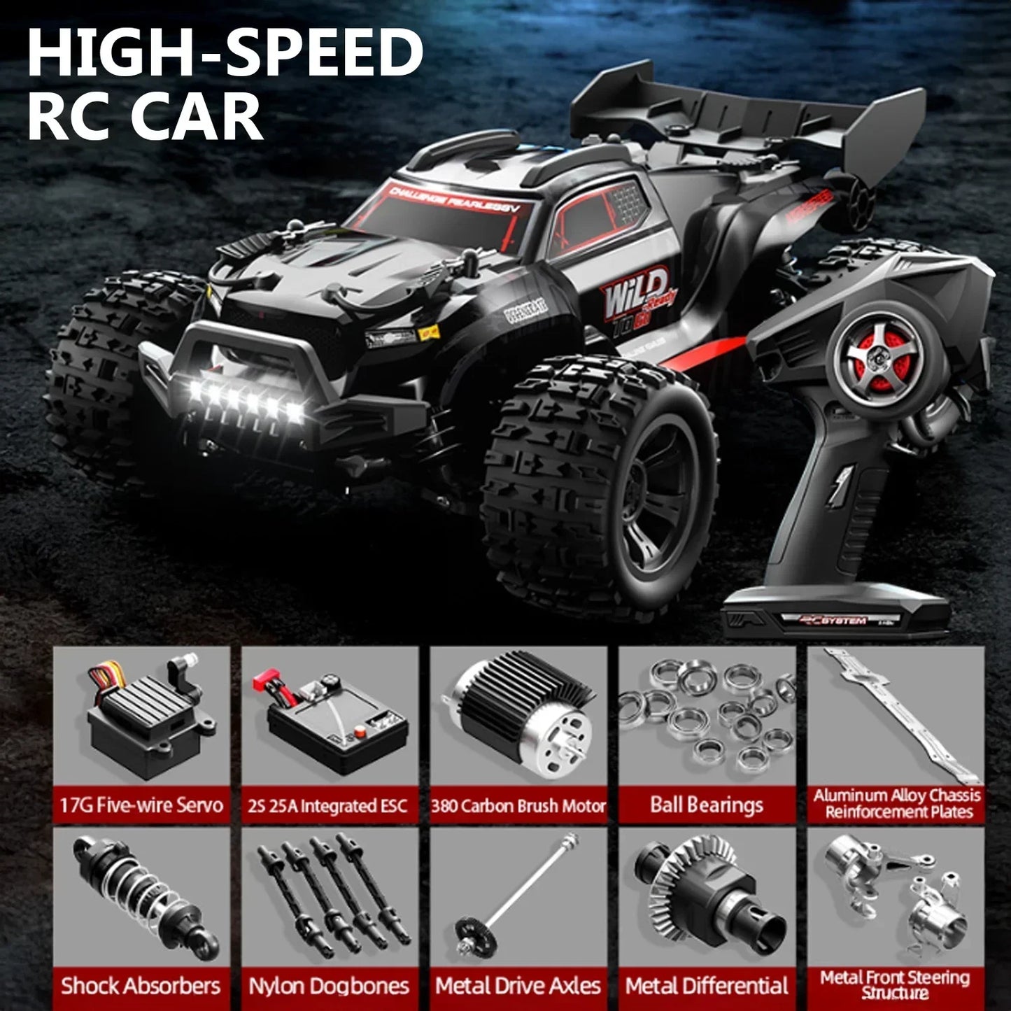 1/16RC Offroad Truck-Durable Beginner RC Car, High Speed 40 Km/h, Monster Truck with 2 Rechargeable 7.4V 1500 mAh Batteries
