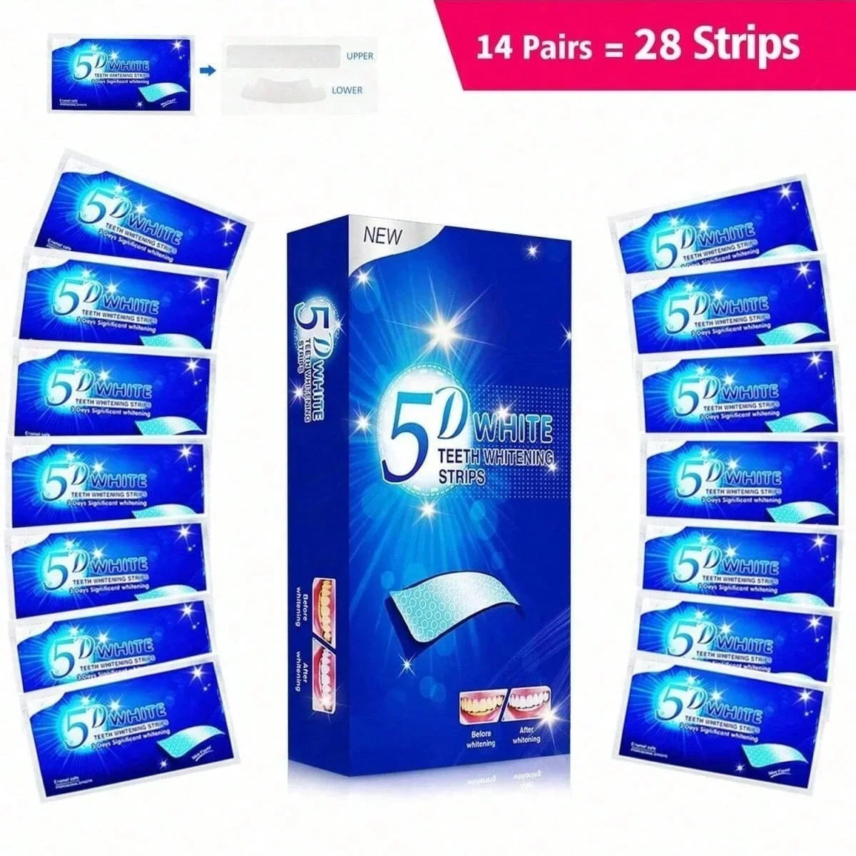 [5D] 28 Days Teeth Whitening Strips, Effective Teeth Whitener Helps Remove Smoking / Coffee / Soda / Wine Stain
