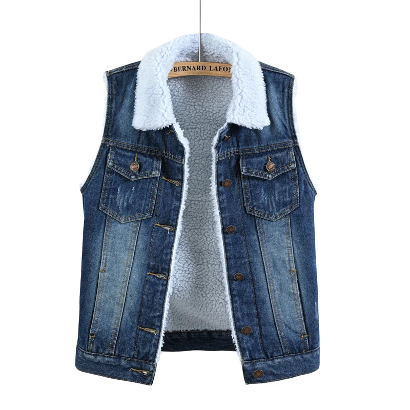 Women`s Sherpa Lined Fleece Warm Winter Denim Jean Sleeveless Jacket