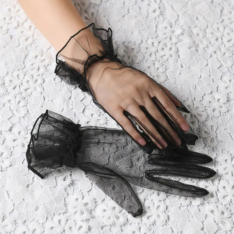 Women Short  Gloves, Summer Wedding White Black Elegant Gloves. Stretchy Lace Full Finger Mesh Transparent
