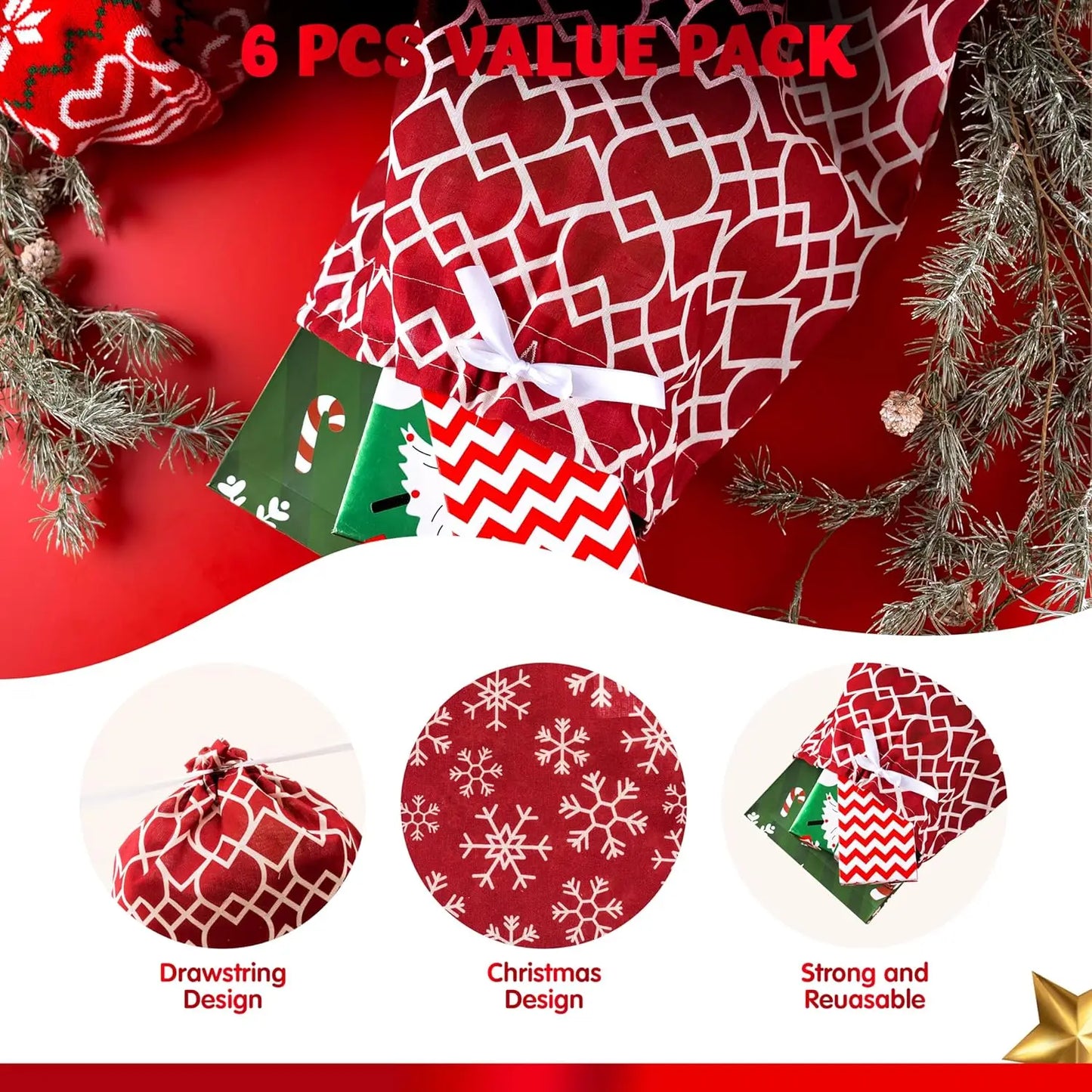 6 PCs Fabric Gift Bags, Red Elegant Color with 3 Sizes for Each Season holiday