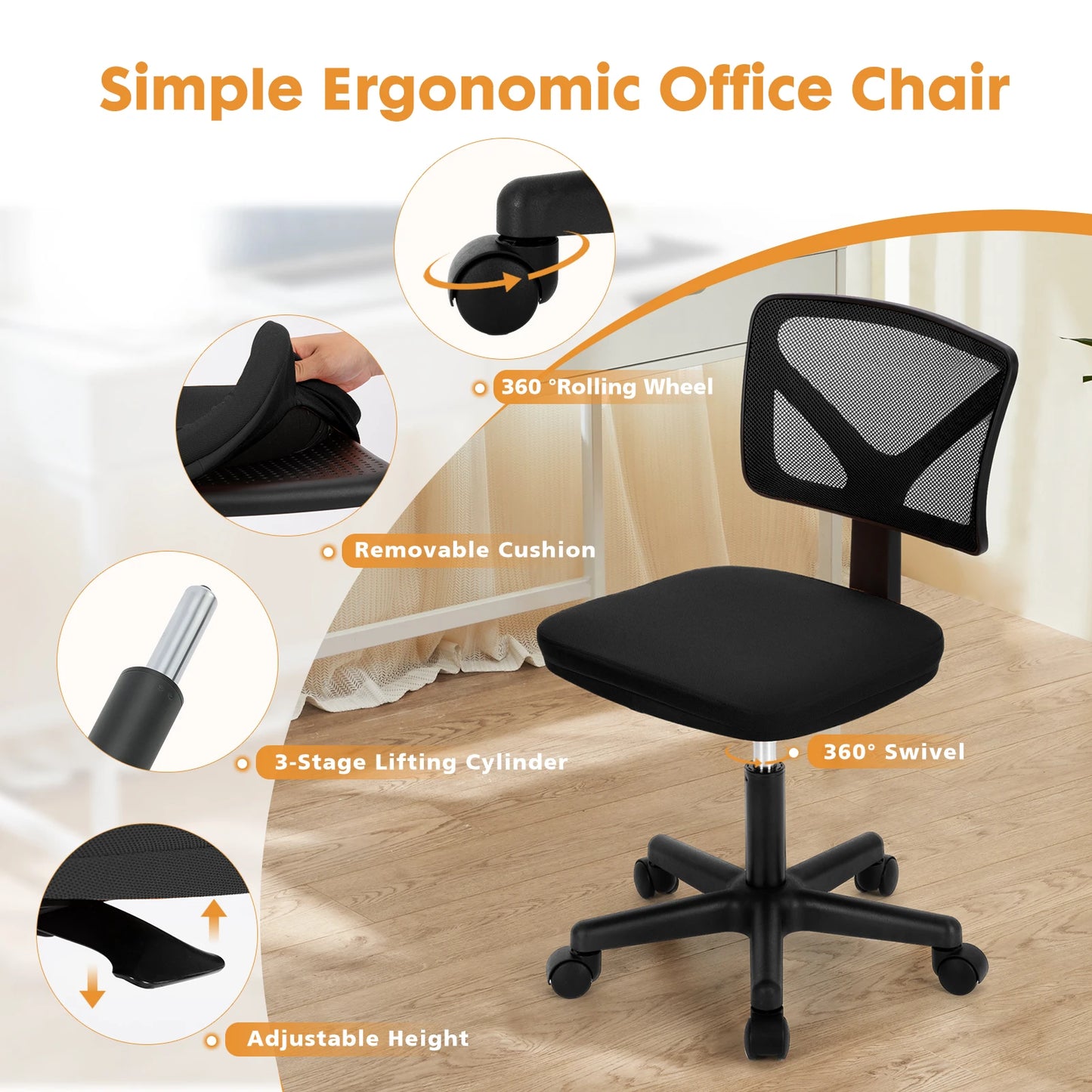 Office Chair, Mesh with Lumbar Support. Low Back with Wheels, Adjustable Height 360° Rolling Swivel Computer Chair