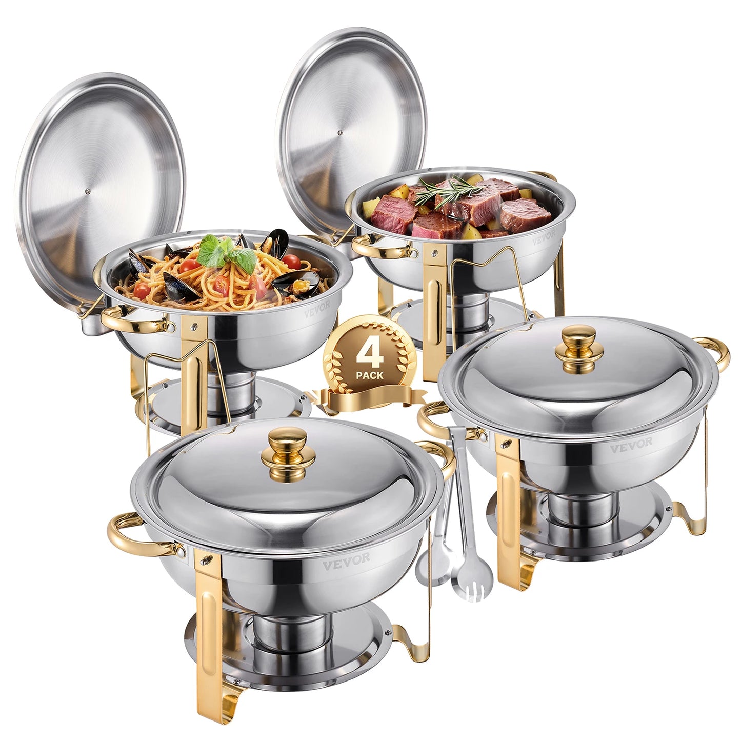 4 Pack Chafing Dish Buffet Set, Stainless Steel Chafer w/4 Full Size Pans. Round Catering Warmer Server for Party Banquets