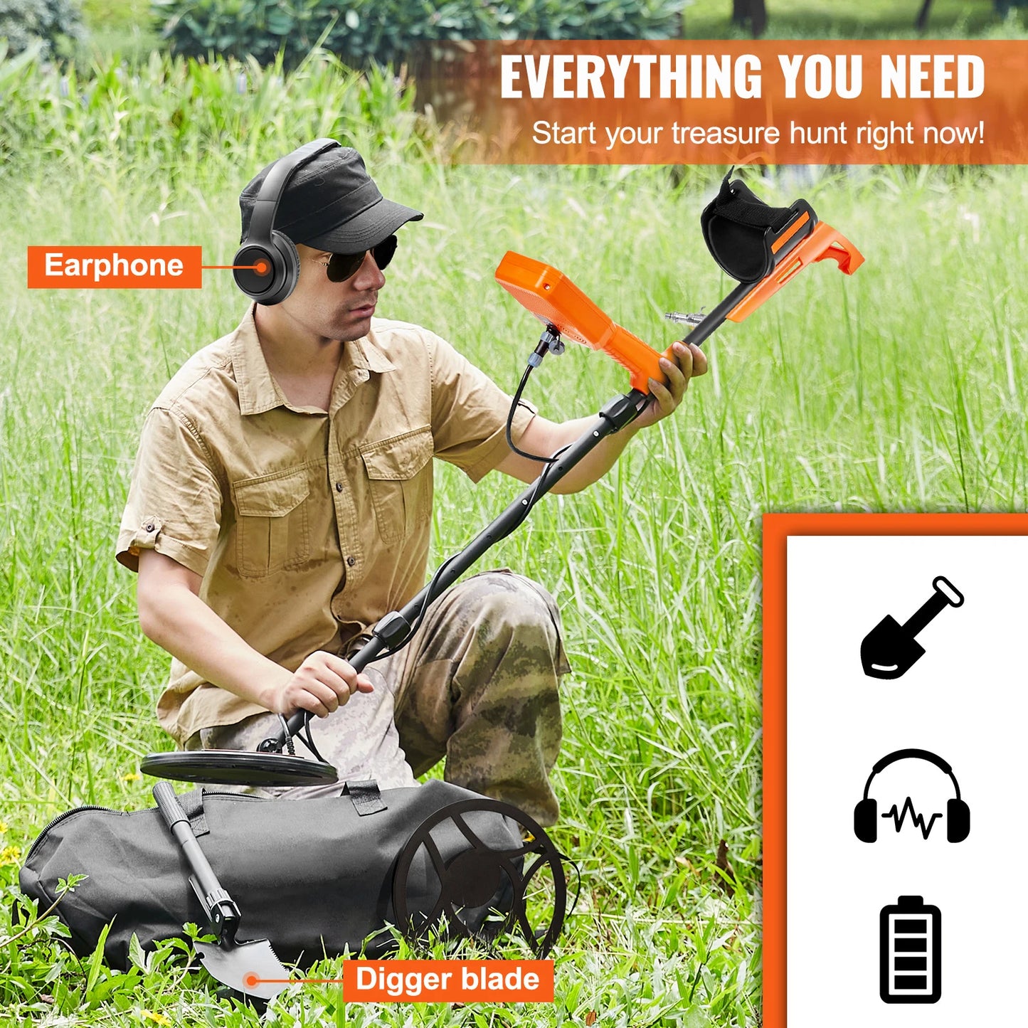 Professional Rechargeable Metal Detector 12" IP68 Waterproof Coil 39-50 in Adjustable + LCD 7Modes for Treasure Hunting