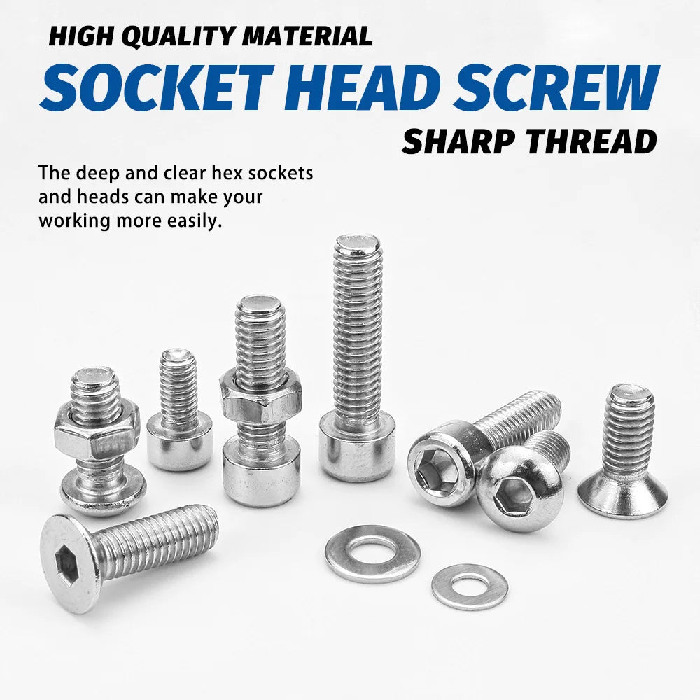 880Pcs Hexagon Hex Socket Head Cap Screw Set M2 M3 M4 M5 304 Stainless Steel Nuts & Washer Assortment Kit