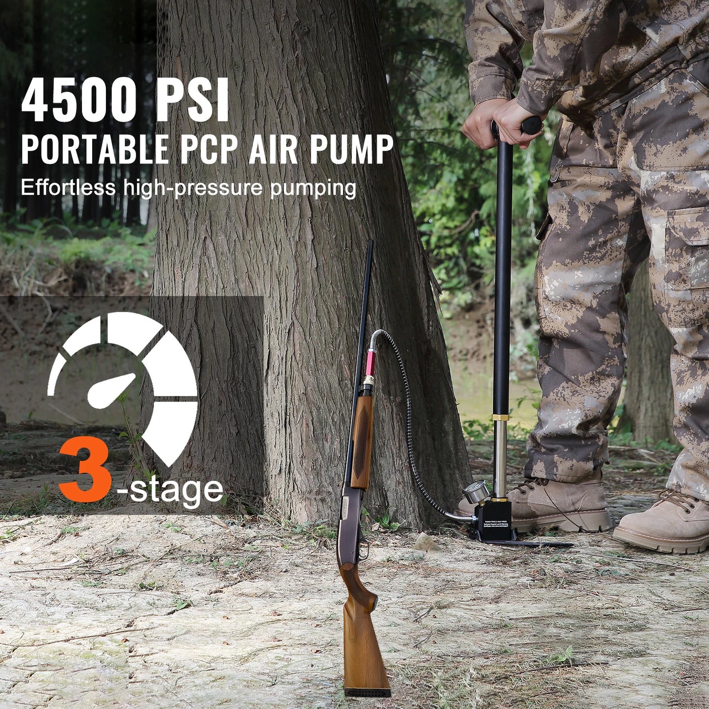 Manual 3 Stage PCP Pump + Pressure Gauge. Tire, Ball, Inflatable Air Gun Filling Stirrup High Pressure Hand Pump