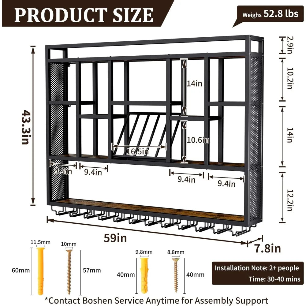 4-tiers 59in wine rack wall mounted with led light, floating bar shelves for liquor bottles, metal industrial hanging display shelf