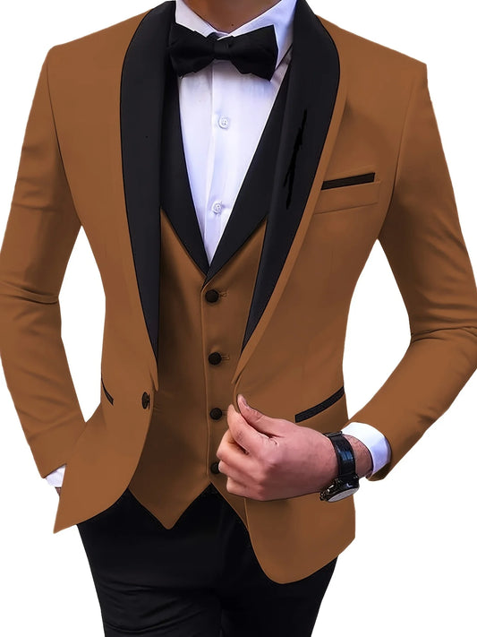 Slit Men's Suits 3 Piece Black Shawl Lapel Casual Tuxedo (Blazer+Vest+Pant)