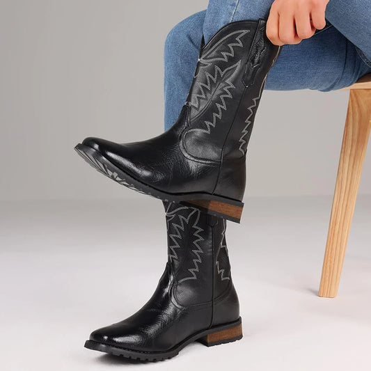 DoraTasia Plus Size12.5Fashion Retro Round Toe Chunky Heel Neutral Western Boots New Solid Color Embroidery