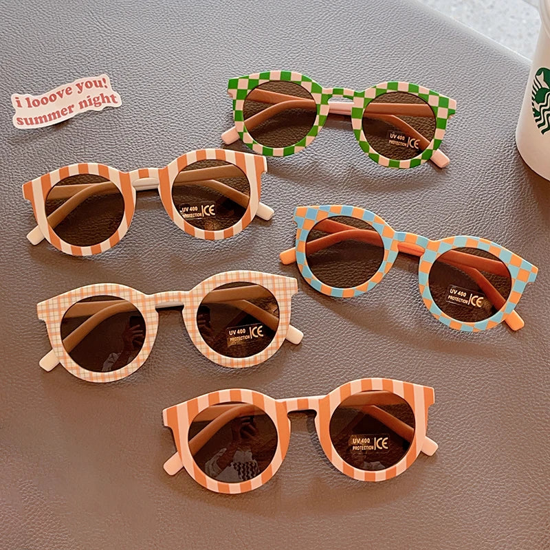 Kids Cute Checker Panel Color Round UV400 Sunglasses