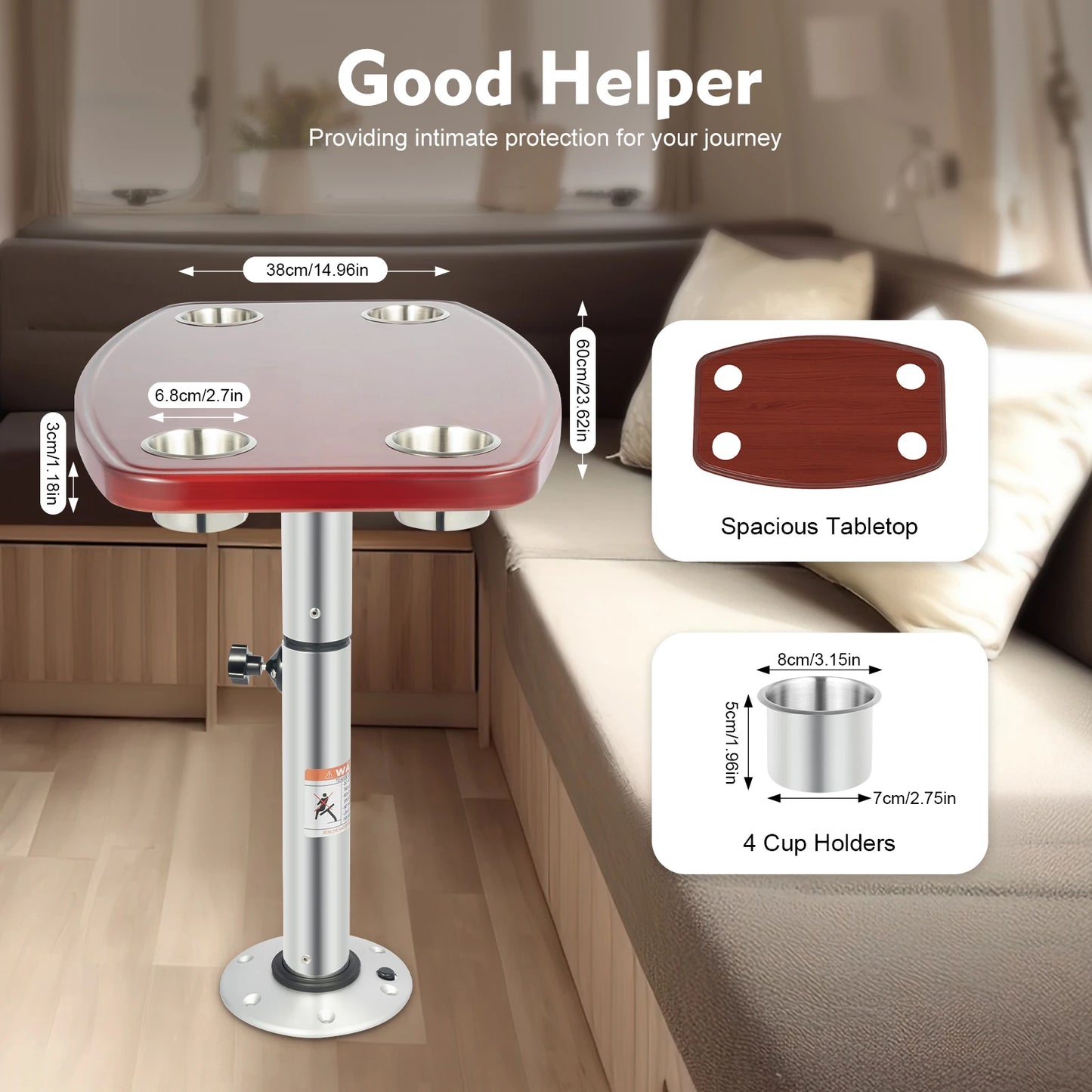 Telescopic Boat Table - Adjustable Height with 4 Cup Holders & Foldable Base - Marine-Grade Deck Table for Yachts, Boats