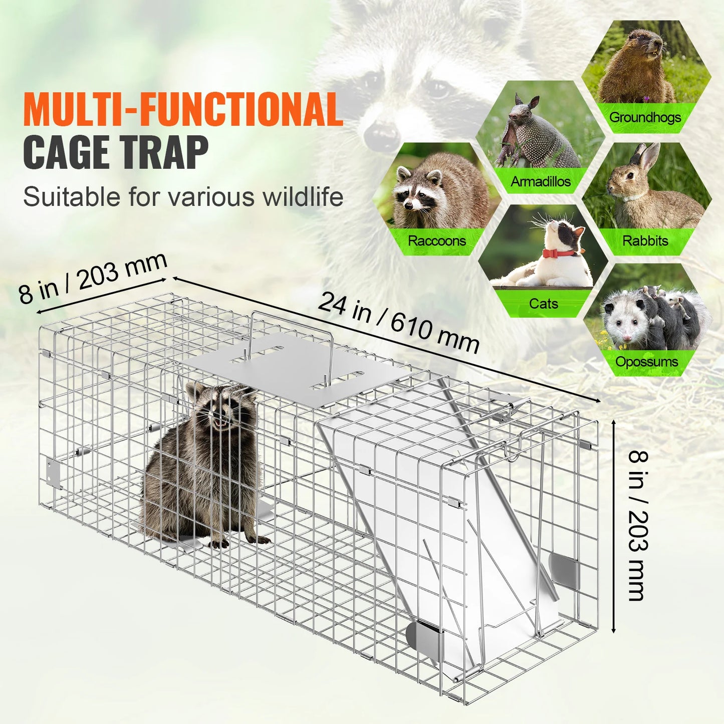 Live Animal Cage Trap, Humane Cat Rodent Control Folding with Handle for Rabbits, Stray Cats, Squirrels, Raccoons, Groundhog