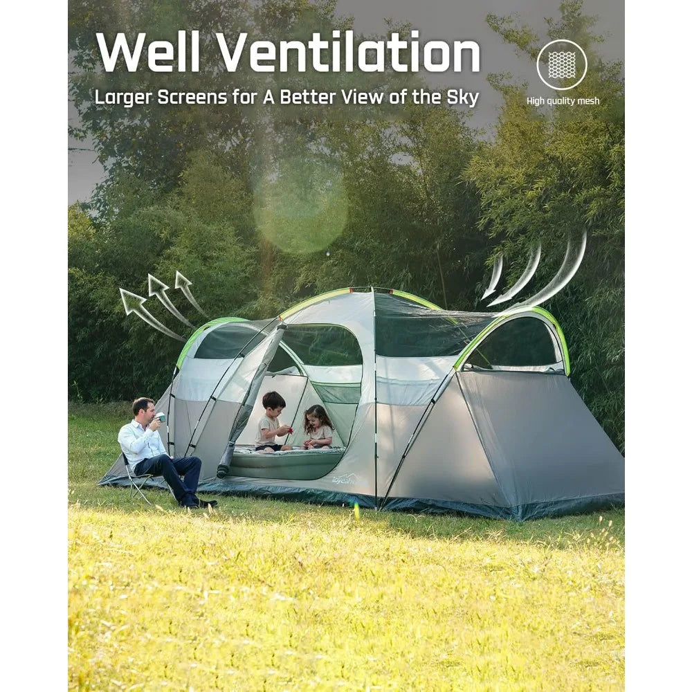 8 Person Larger Extended Dome Camping Tent with 3 Rooms, Waterproof Semi-Freestanding Family Outdoor Tent with Spacious Interior