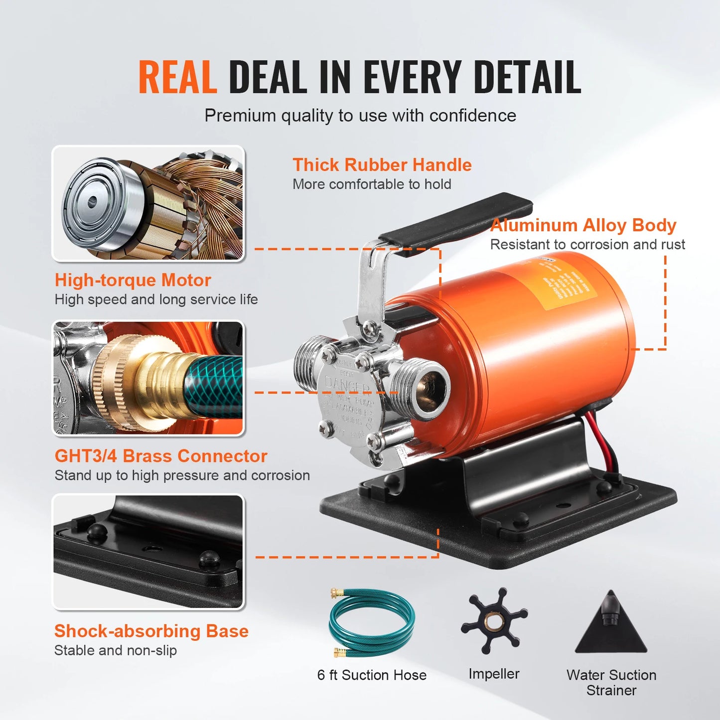 Water Transfer Pump 12V DC 360GPH 1/10HP Portable Electric Utility Pump with 6ft Suction Hose Kit, Impeller