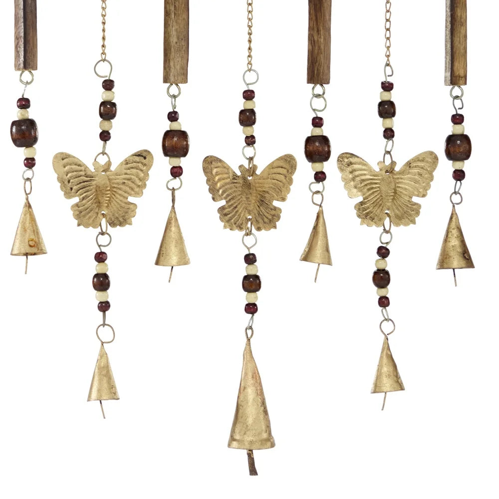 26 Inch Brown Wood Butterfly Wind Chime with Beads