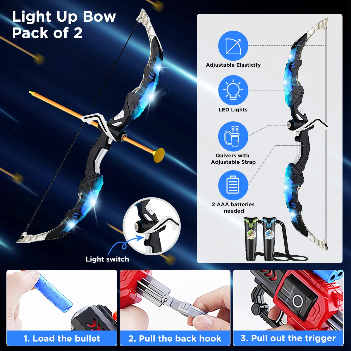 2X Bow and Arrow + Guns Toy For Kids, Night-Light Archery Stand Target Board Indoor Outdoor Game