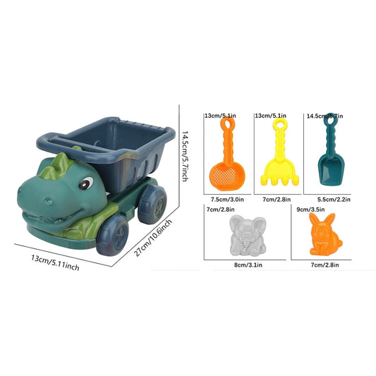 6Pcs Dinosaur Summer Beach Toys with Dump Truck, Sand Molds, Shovel, Rake, Sand Sifter