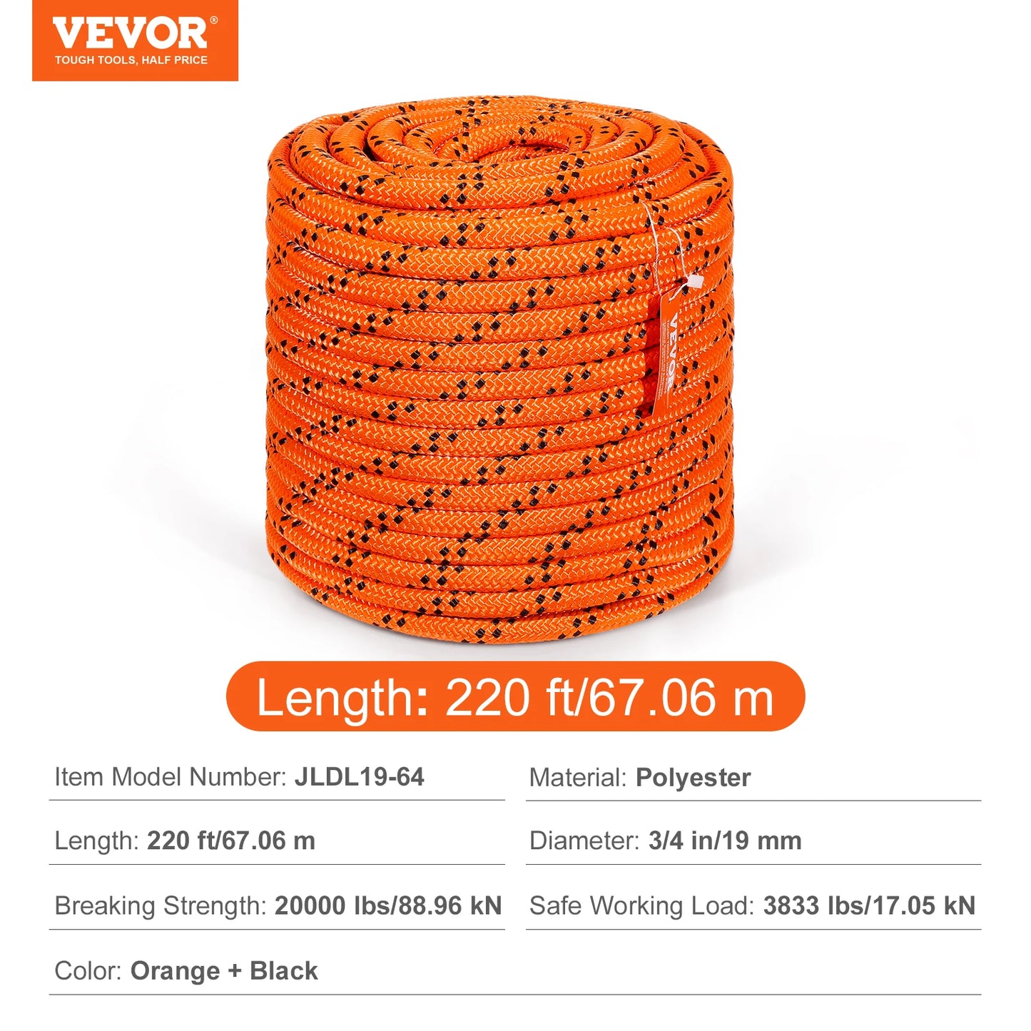 220ft Dual-Weave Polyester Rope 48-Strand Outdoor Emergency Cord for Camping, Rappelling, Rescue, Anchor Rope