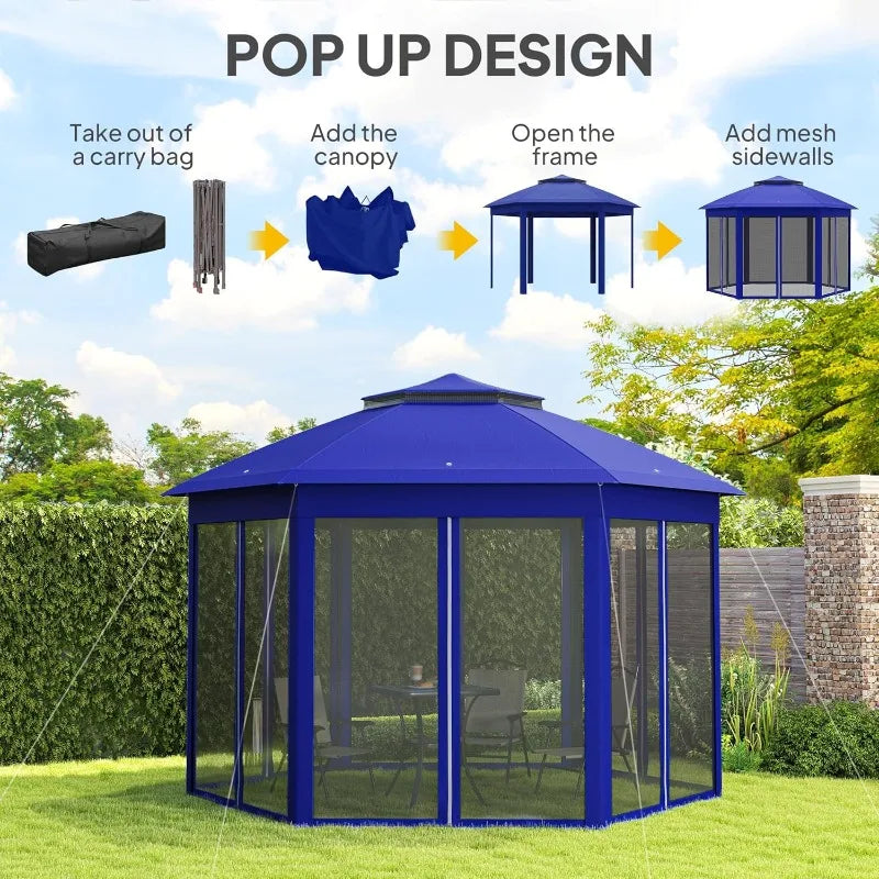13' x 13' Pop Up Gazebo, Hexagonal Canopy Shelter Tent for Patio Backyard