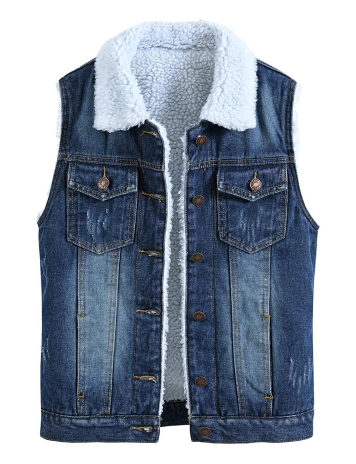 Women`s Sherpa Lined Fleece Warm Winter Denim Jean Sleeveless Jacket