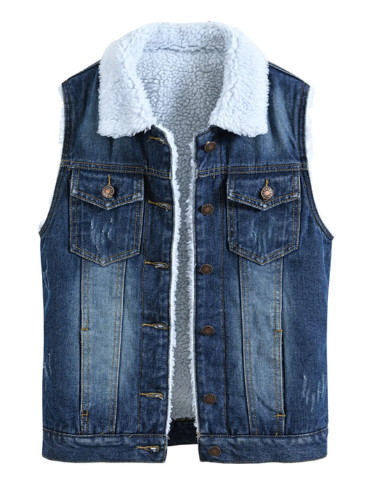 Women`s Sherpa Lined Fleece Warm Winter Denim Jean Sleeveless Jacket