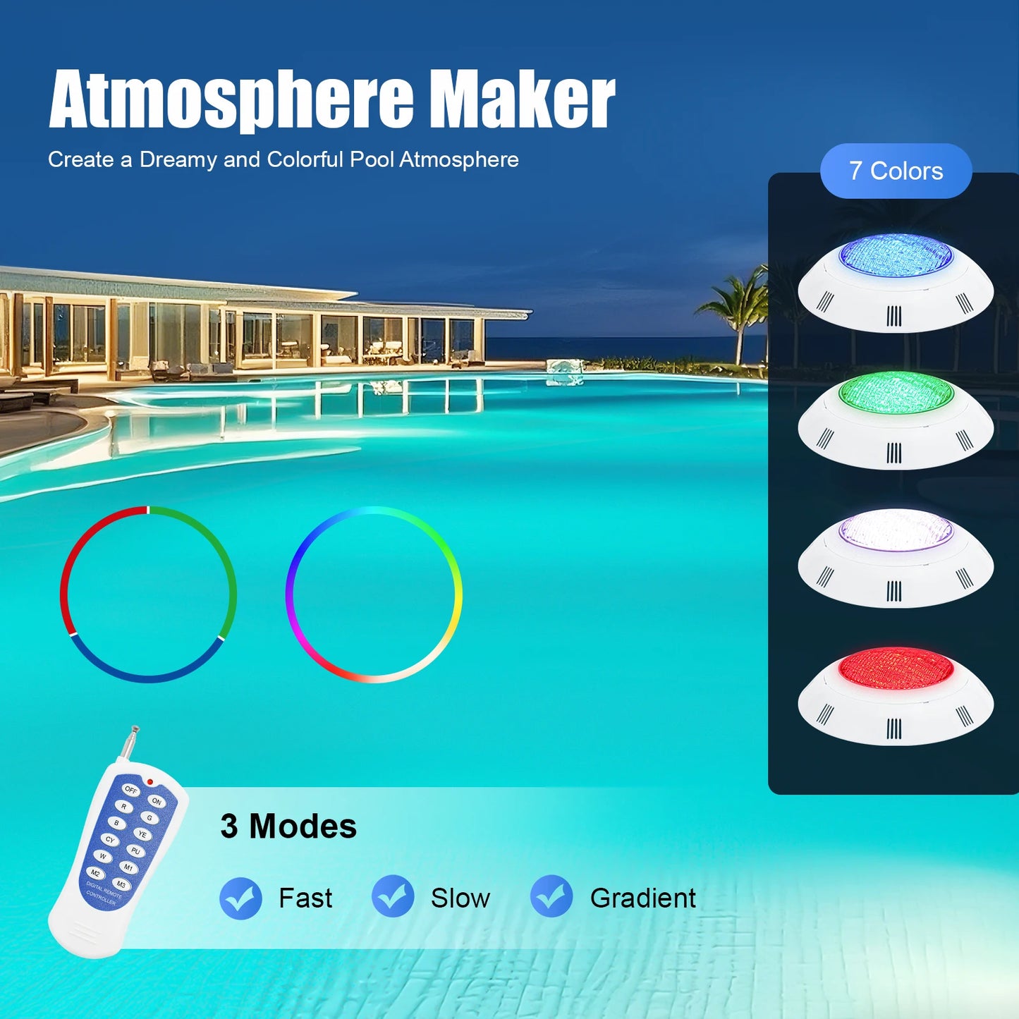 Swimming Pool Light, 12V Underwater Light with Remote Control, IP68 Waterproof 7 Color LED Fountain Lighting, 36W