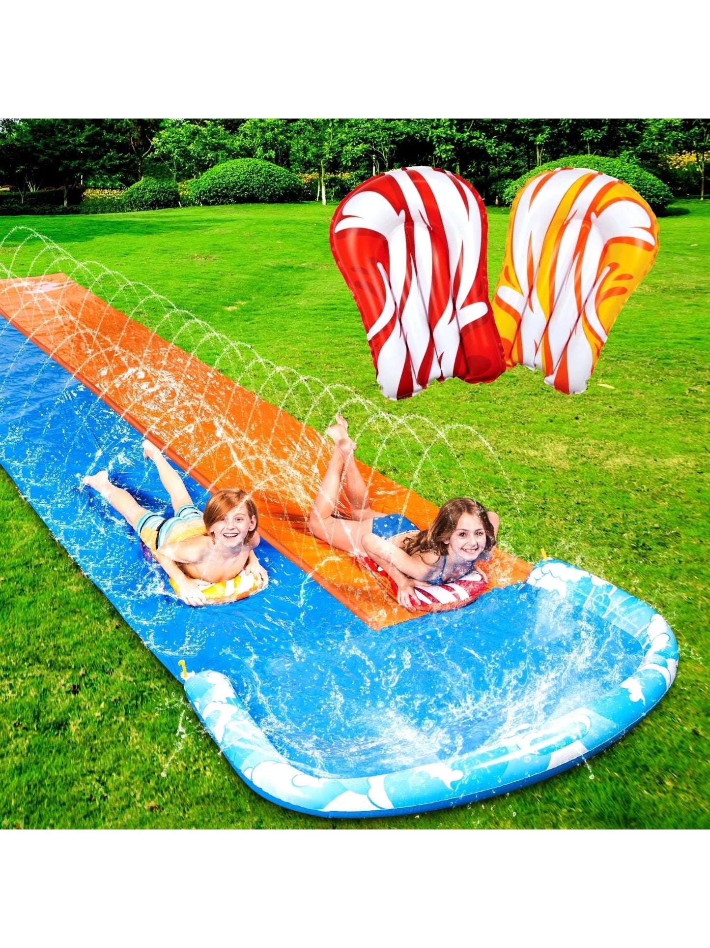 22.5ft Water Slide and 2 Bodyboards. Lawn Backyard Waterslide Water Toy with Built in Sprinkler for Kids Outdoor Water Fun