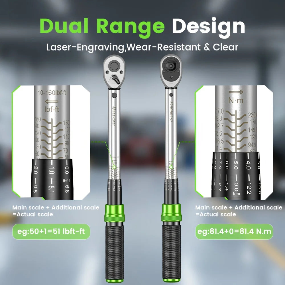 1/4" 3/8" &1/2" Drive Click Torque Wrench Kit 8pcs 72 Tooth Dual Scale Ratchet Wrench