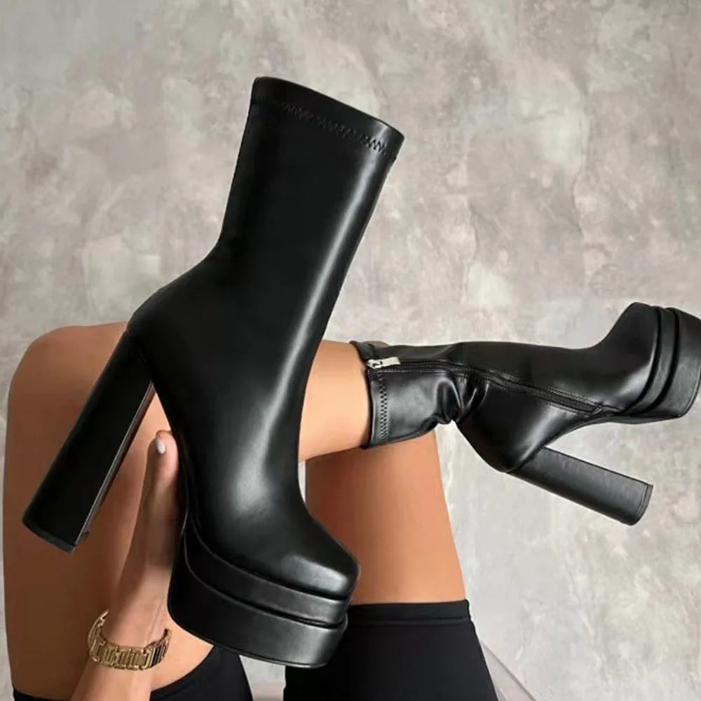 Platform  Heel Women's Mid-calf Boots Side Zipper
