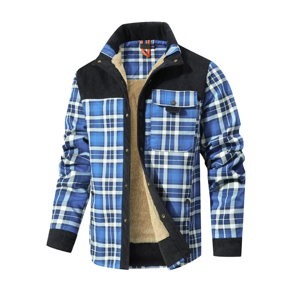 Men's Jacket Windproof Warm Casual Bomber Coat Plaid Sherpa Lined Flannel