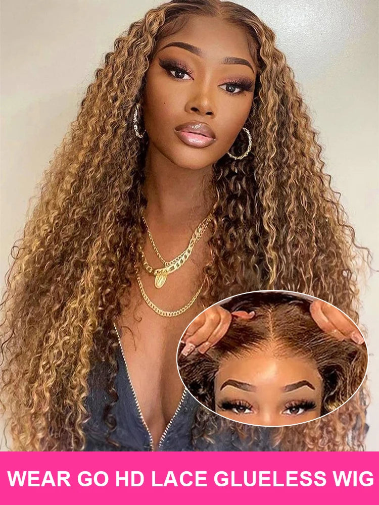 Wear and Go Glue less Wigs, Highlight Ombre Curly Wigs Brown 13x4 HD Lace Frontal Human Hair Wigs