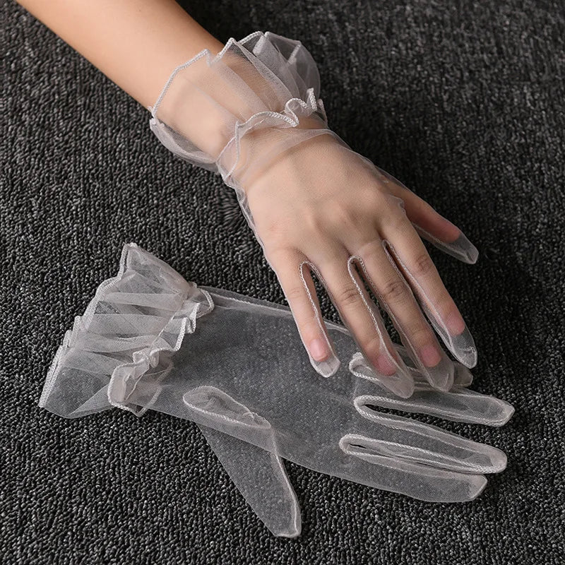 Women Short  Gloves, Summer Wedding White Black Elegant Gloves. Stretchy Lace Full Finger Mesh Transparent