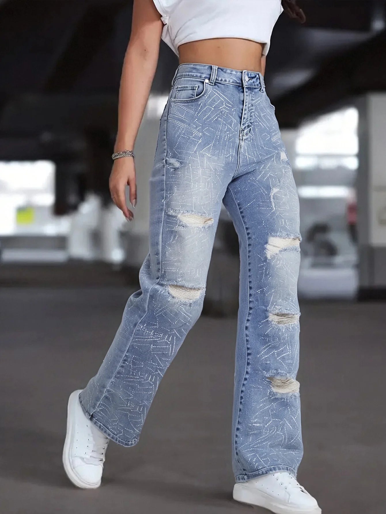 Women's Light Blue Wide-Leg Jeans, Distressed Design