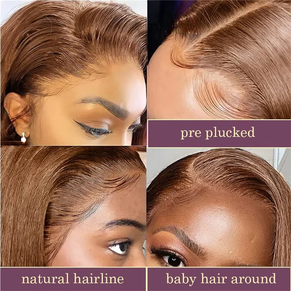 220 Density Full Frontal 13x4 HD Transparent Lace Wig, #4 Chocolate Brown, Straight Short Human Hair