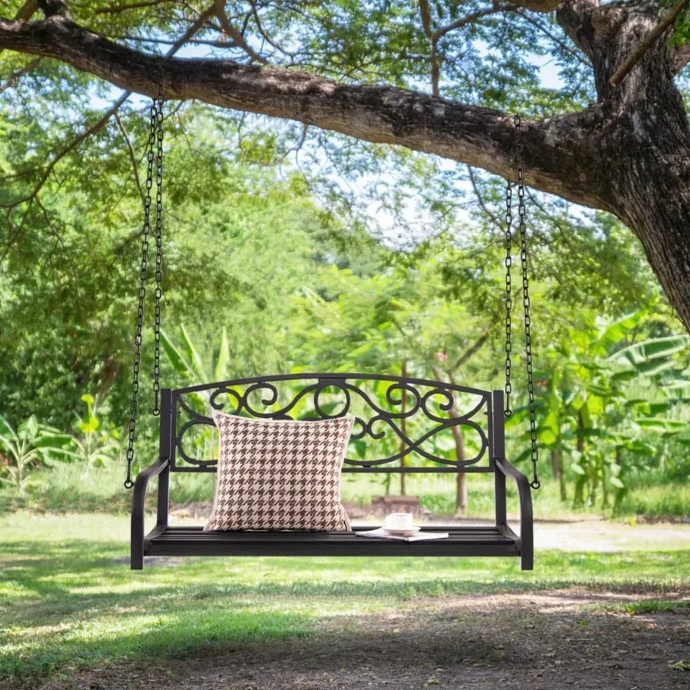 Outdoor Hanging Slat Metal Patio Porch Swing, Bronze Color Antique Style Overall Dimensions: 52"(L) x 21"(W) x 19"(H) Seat: