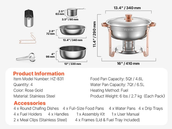 4 Pack Chafing Dish Buffet Set, Stainless Steel Chafer w/4 Full Size Pans. Round Catering Warmer Server for Party Banquets