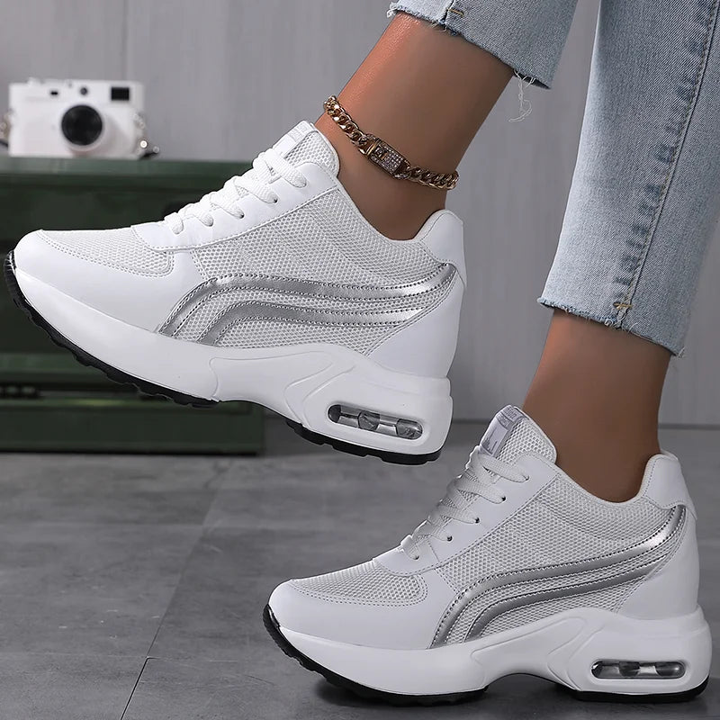 Women Air Cushion Sneakers Mesh White, Elevator