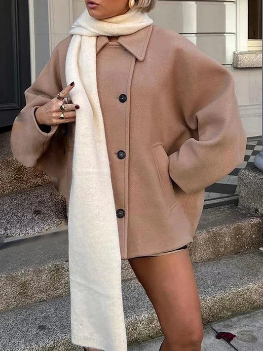 Women s Winter Oversized Wool Jacket with Batwing Sleeves and Lapel Collar Button Closure Solid Color Loose Fit