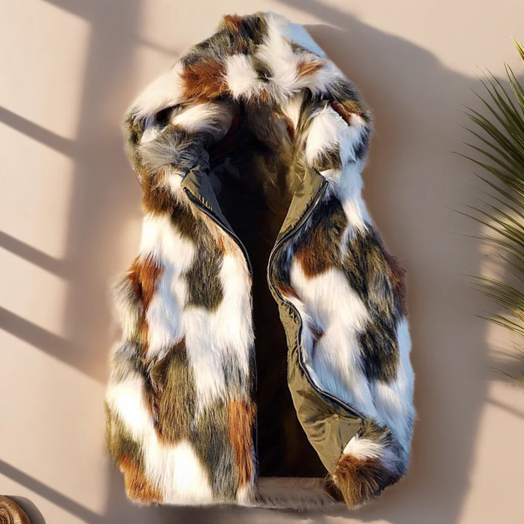 Men`s Luxury Faux Fur Hoodie Vest Long Coat Sleeveless Jacket Plush Overcoat with Pockets and Hood