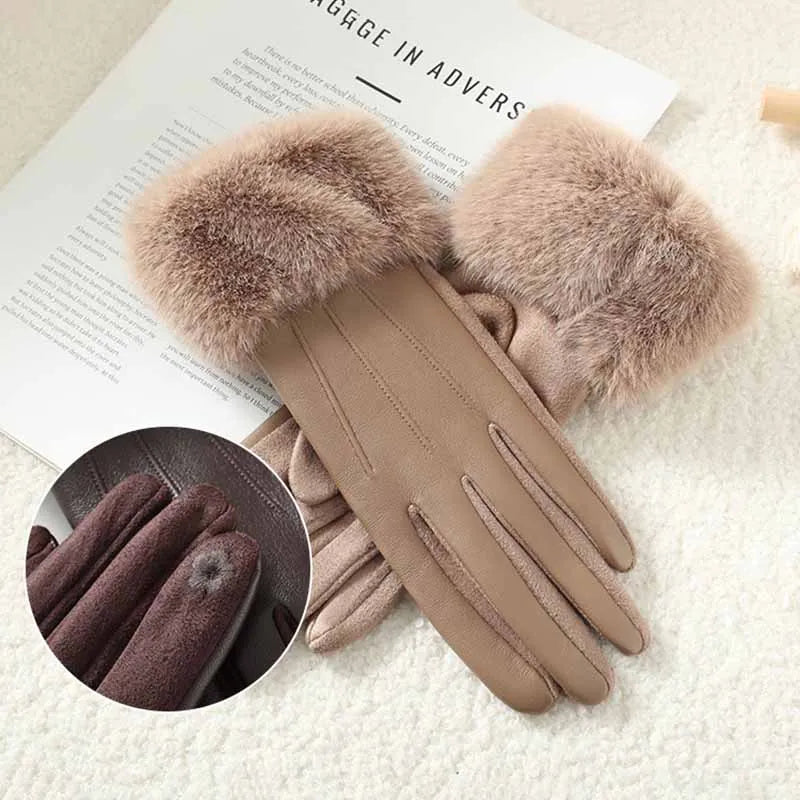 Winter Luxury Women's  Leather Gloves, Wrist Length Soft Faux Fur Trim Cuff