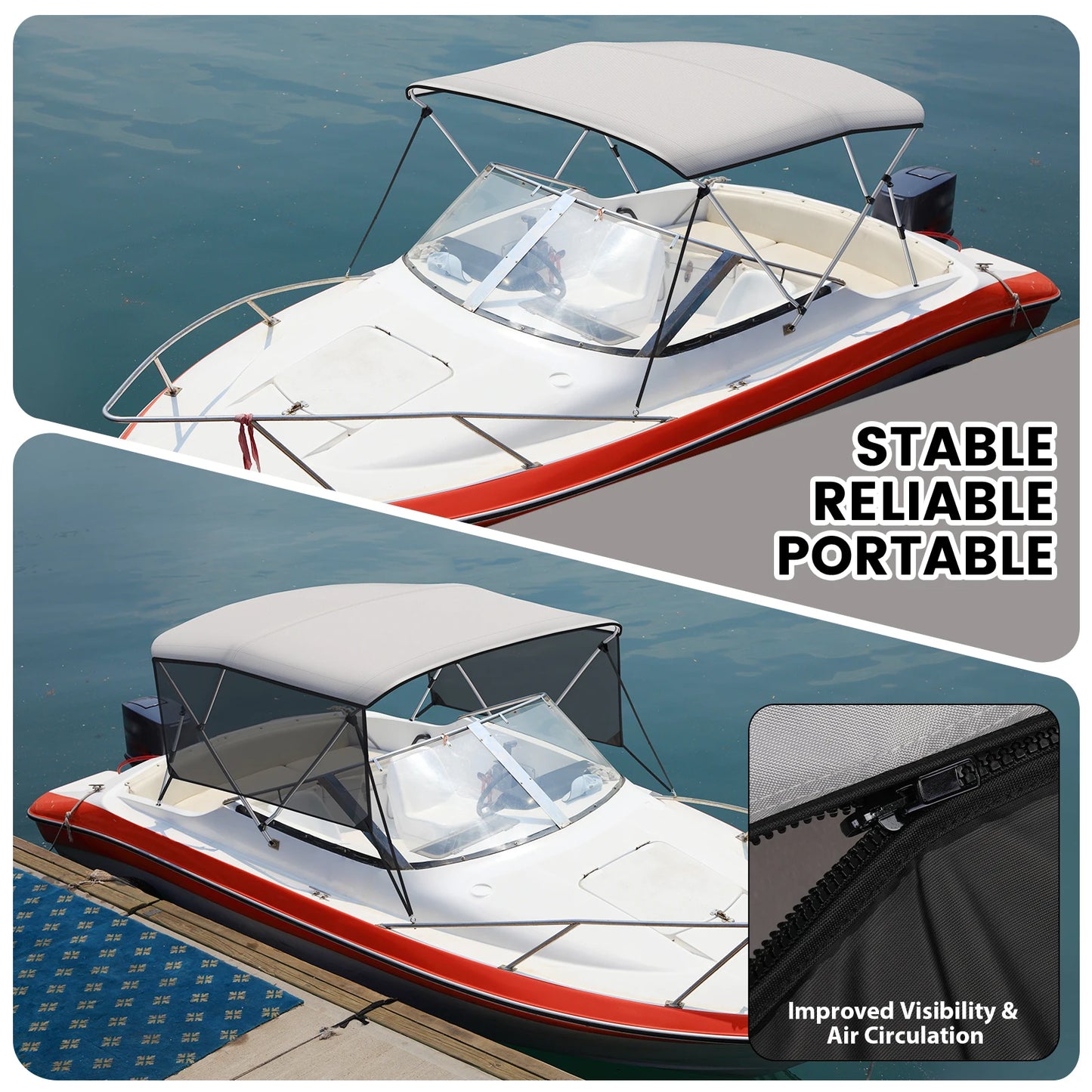 Adjustable Rear Support Poles 3 Bow Bimini Tops with Mesh Sidewalls for Boats Waterproof Marine Grade Canvas Easy Installation