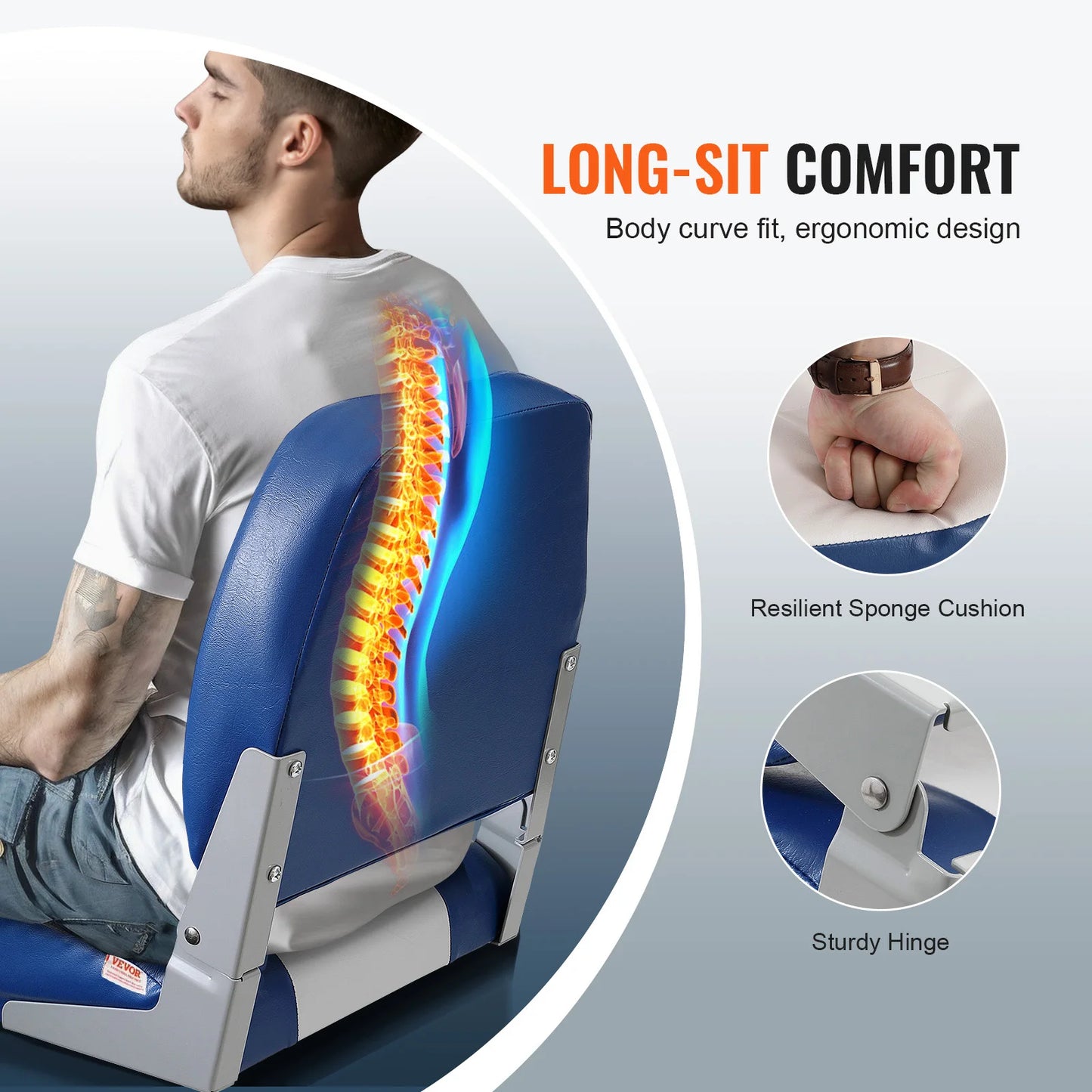 Boat Seat 18.9" Low Back Folding Chair, with Thickened Sponge Padding & Hinge Fold-Down