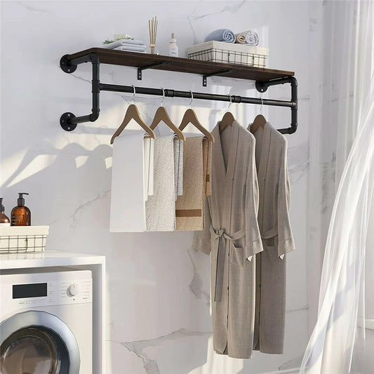 Industrial Pipe Clothing Rack, Wall Mounted  Pipe Shelving with wooden top shelf