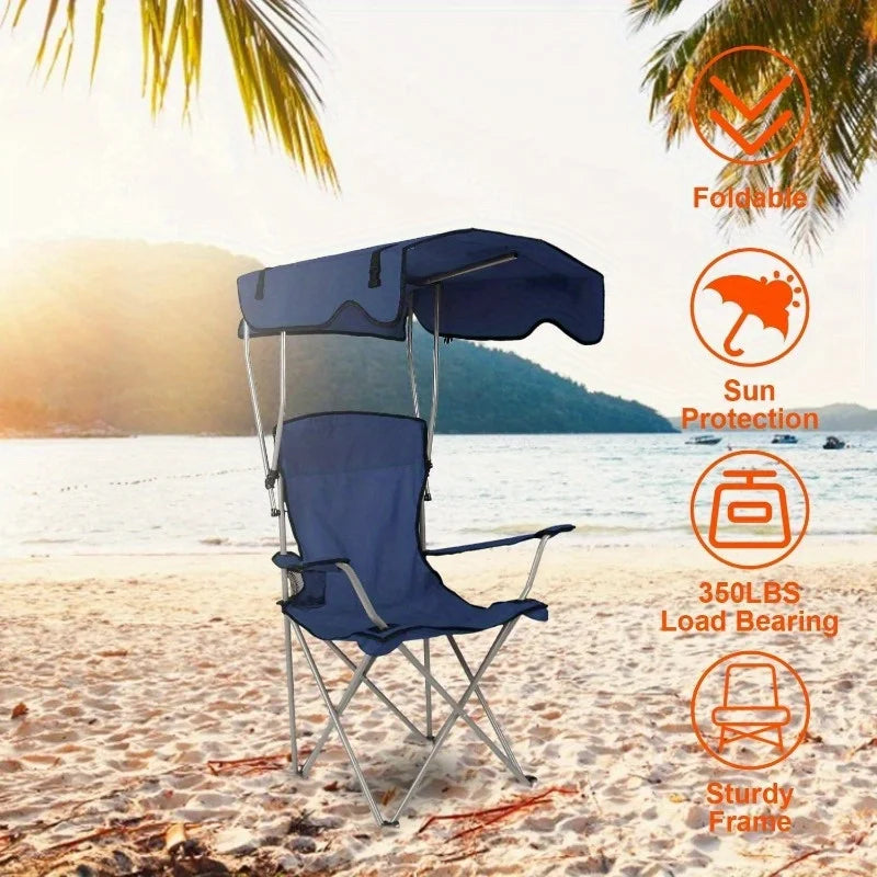 Camping Chair With Canopy, Outdoor Folding Lounge Chair With Adjustable UPF 50+ Sun Shade & Cup Holder