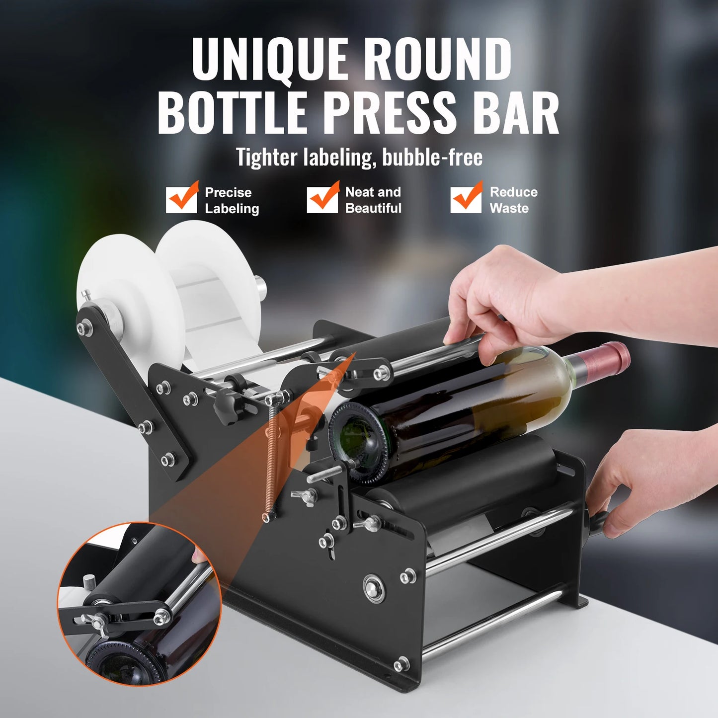 Manual Round Bottle Labeling Machine 15-20pcs/min Adjustable Labeler for Bottles Dia 0.78-4.72 in (with Pressing Bar)