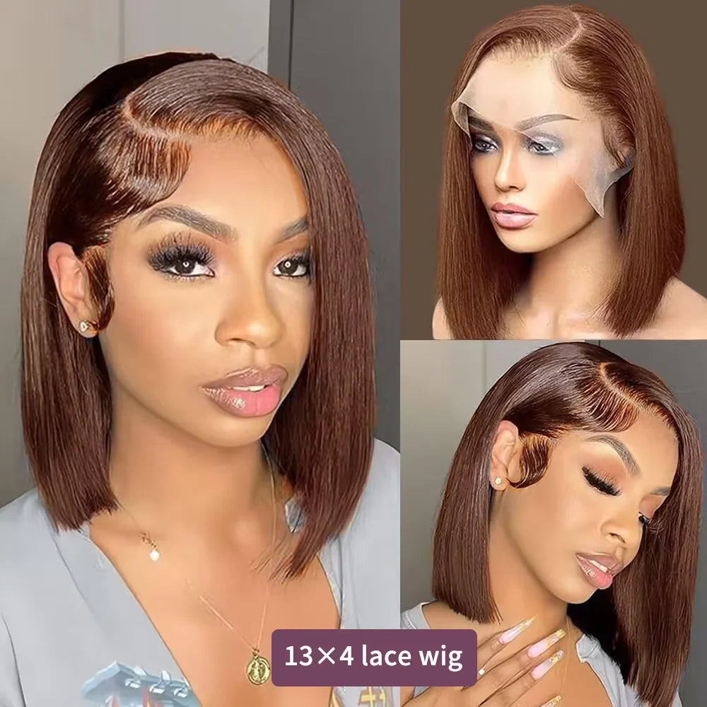 220 Density Full Frontal 13x4 HD Transparent Lace Wig, #4 Chocolate Brown, Straight Short Human Hair