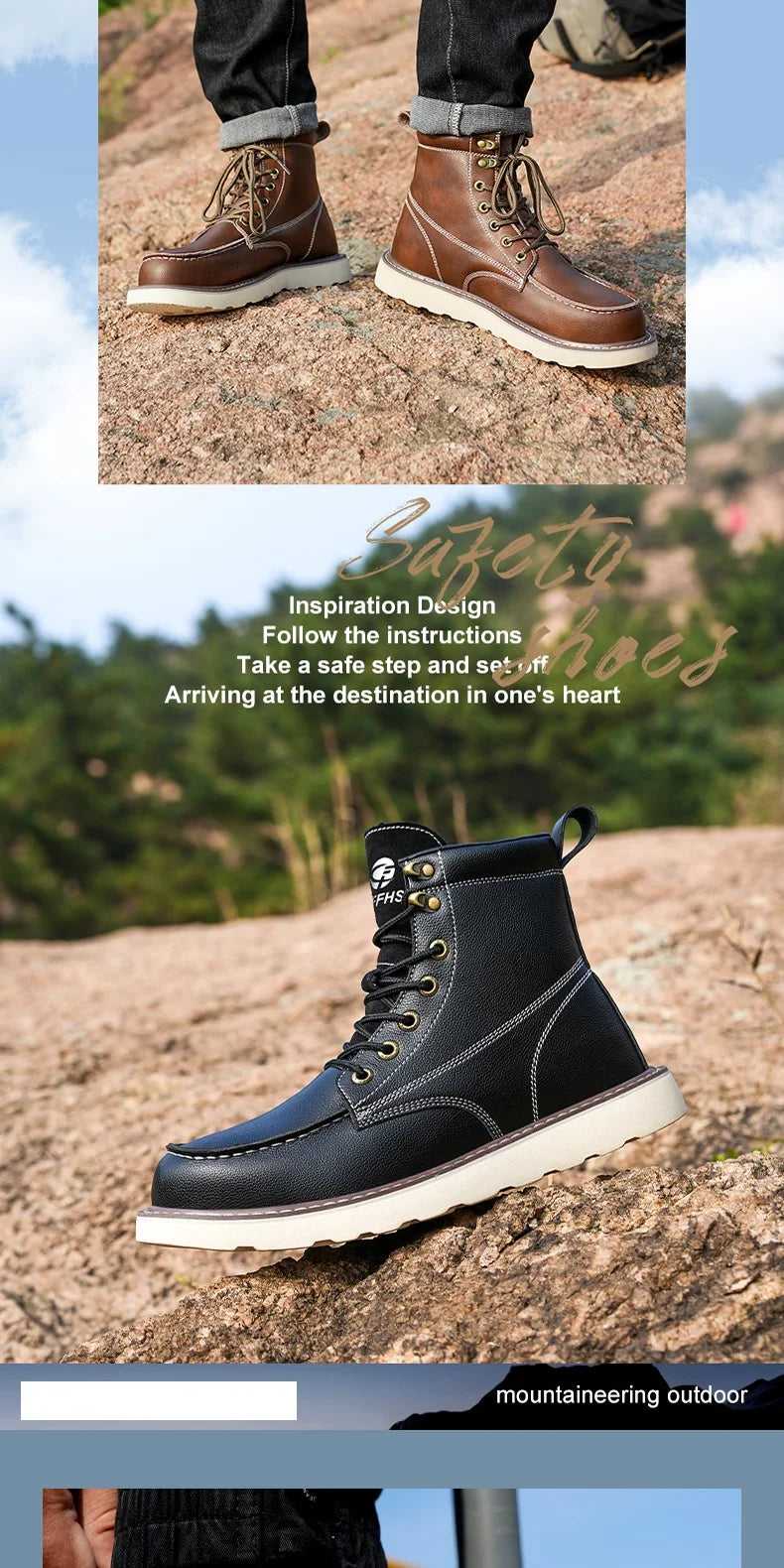 Two layer cowhide men's anti-smash anti-puncture high top work safety shoes