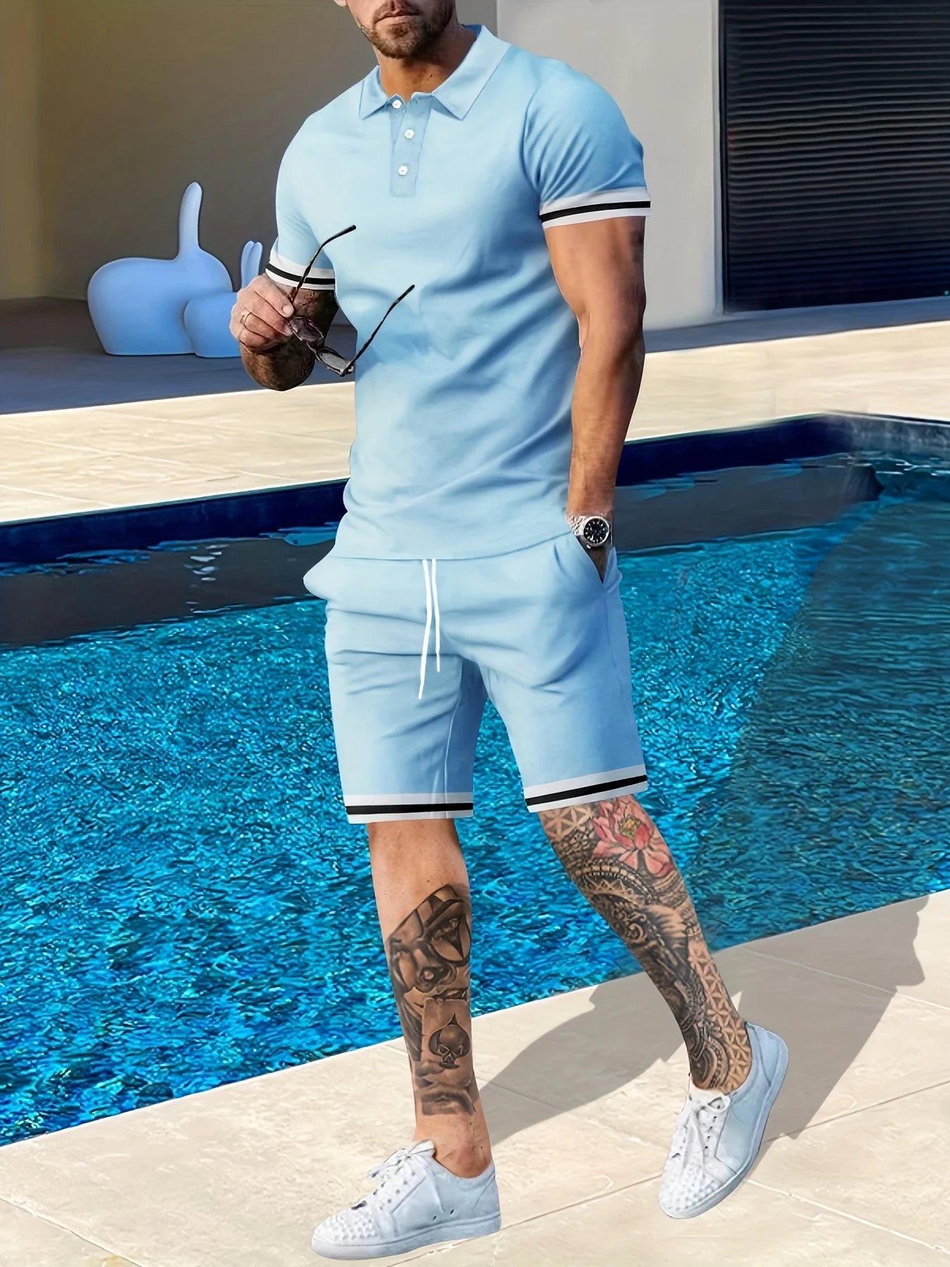 Men's Summer Short Sleeve Polo Shirt and Shorts, Two-Piece Set